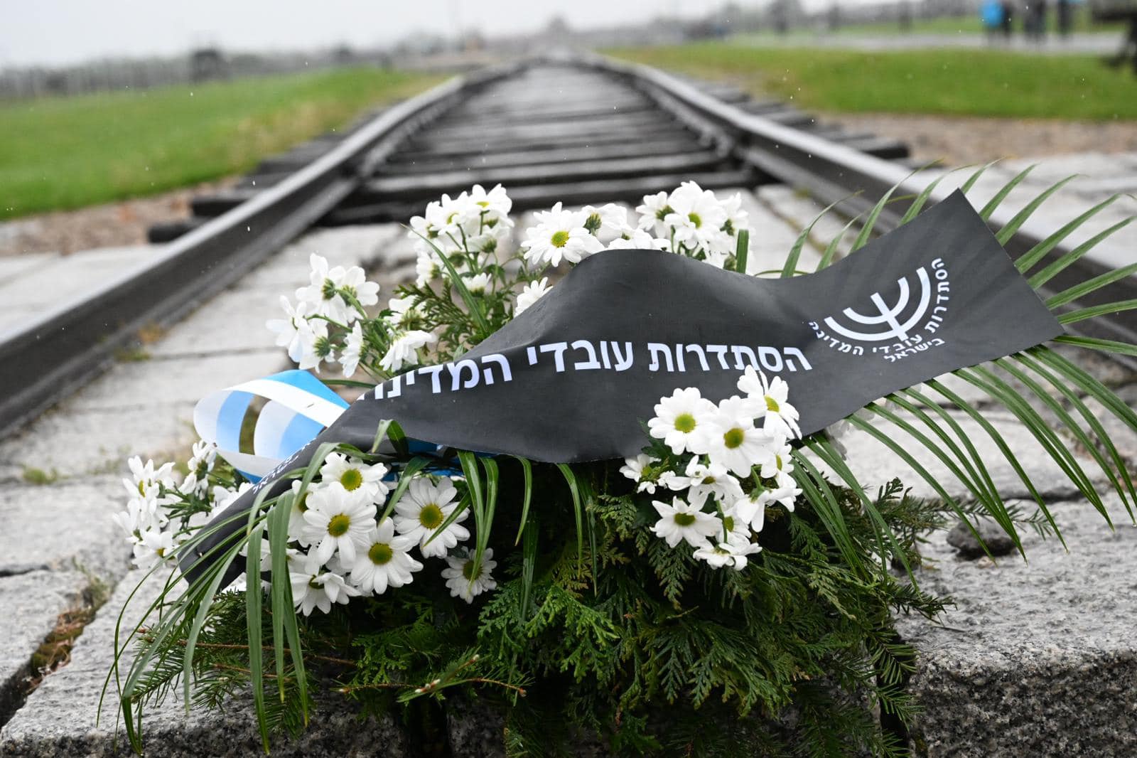 זר אבל מטעם הסתדרות עובדי המדינה מונח על פסי הרכבת המובילים לאושוויץ זר אבל מטעם הסתדרות עובדי המדינה מונח על פסי הרכבת המובילים לאושוויץ